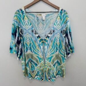 Chico's Blue Green Ikat Print Ramie Rayon Knit Cardigan Top L Size 2 Artsy Boho